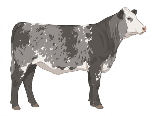 Light blue roan with a partial white face, white spots and ticking in the white Simmental Cross Heifer