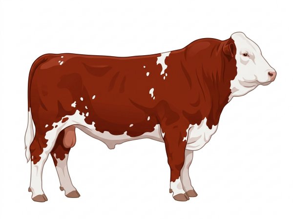 Red with a full white face, white brisket and underline and white spots Simmental Cross Bull