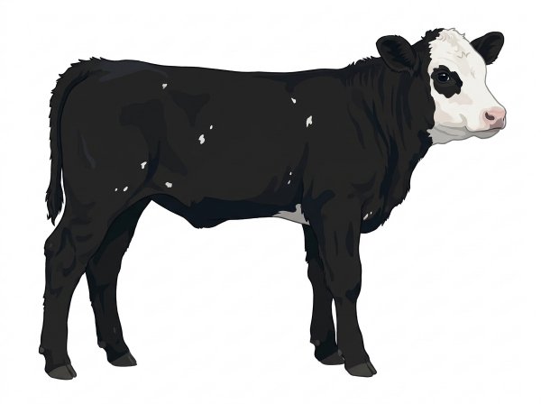 Black with a white face and a few white spots Simmental x Angus Cross Bull