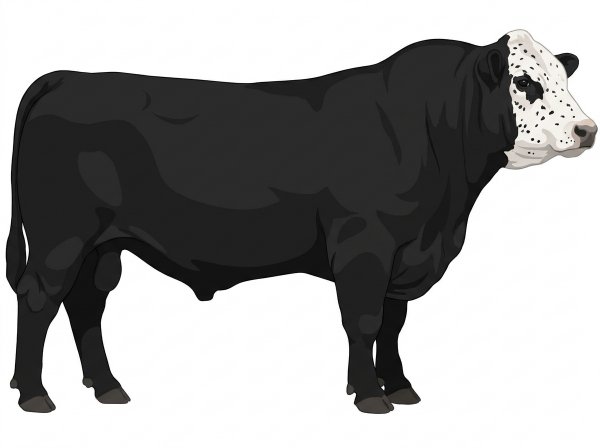 Black with a white face, white spots and ticking in the white Simmental x Angus Cross Bull